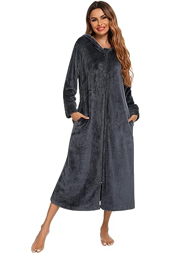 Veseacky Women's Long Sleeve Zip Flannel Hooded Loose Fit Warm Robe Grey XXL
