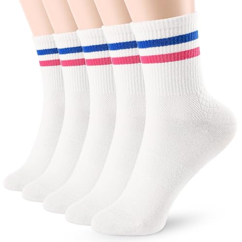 FGZ Womens Crew Socks Solid Color Two Stripe Casusl Socks for Women and Girls,5 Pairs