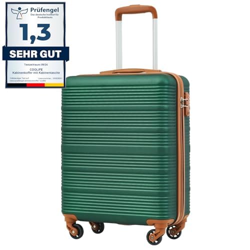 COOLIFE Maleta Cabina 55x40x20 para Easyjet, Equipaje de Mano para Viajes Cortos y Viajes de Negocios, Trolley Cabina de ABS con Candado TSA, 4 Ruedas de 360°, Mango Telescópico (Verde/Marrón)
