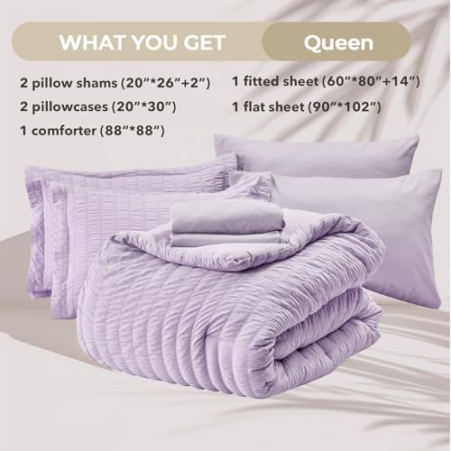 Image of HYMOKEGE Lavender Queen Comforter Set Seersucker 7 Pieces, All Season Luxury Bed in a Bag for Bedroom, Bedding Set with Comforters, Sheets, Pillowcases & Shams