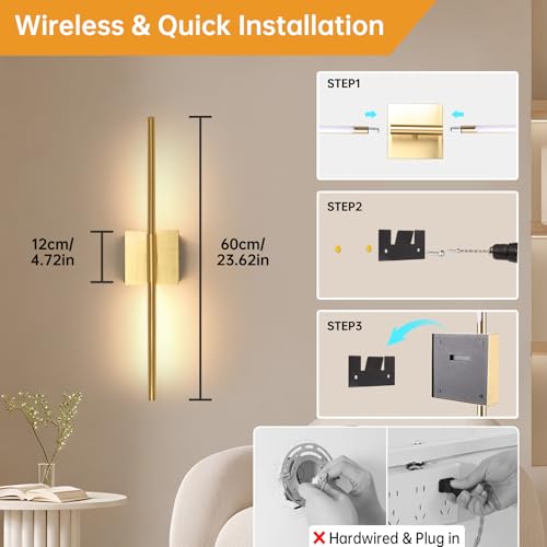 Image of Shenmoyl Battery Operated Wall Sconce Set of 2, 8000mAh Wireless Wall Sconces, 3000K-6000K Dimmable, 350Rotate, Indoor Wall Lights for Bedroom Living Room Bathroom, Gold, 23.6 Inch
