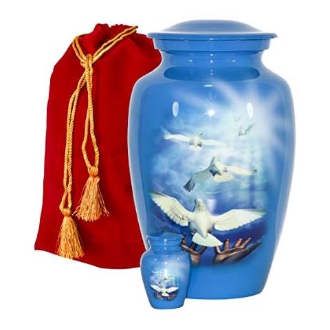 THE ASCENT MEMORIAL Going Home Doves Blue Cremation Urns for Human Remains | Adult Funeral Ash Container with Small Burial Keepsake Urn for Men and Women with Drawstring Velvet Carry Bags Cover