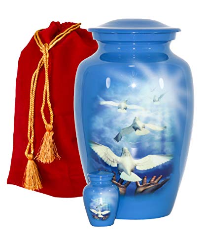 THE ASCENT MEMORIAL Blue Urn for Human Ashes Adult Male Female | Large Cremation Urn | Handcrafted Funeral Small Keepsake Vial | 2 Velvet Carry Bags for Urns & Keepsakes