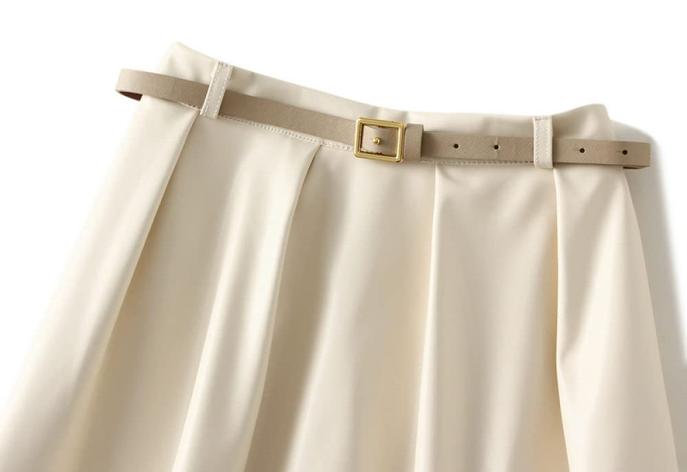 Gonne A Ruota,Gonna Midi da Donna Gonna in Pelle A Pieghe Elastica A Vita Alta Beige con Cerniera Cintura Tasca Gonne Lunghe Moda A-Line Altalena Increspato per Ragazze Signore,S