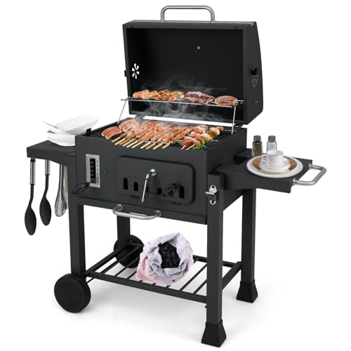 KOMFOTTEU Barbacoa de Carbón con 2 Mesas Laterales Plegables, Carro de Barbacoa con Ruedas con Rejilla para Parrilla, Termómetro, 3 Ganchos, para Exterior, Picnic, 132 x 57 x 106 cm
