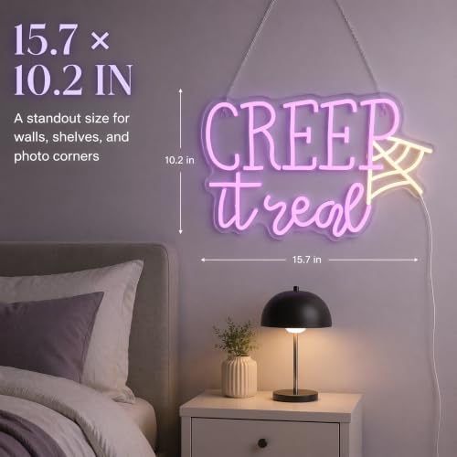 Image of Creep It Real Neon Sign,Halloween Decor | Spider Web - Spooky Party Decor 15.7x10.2in