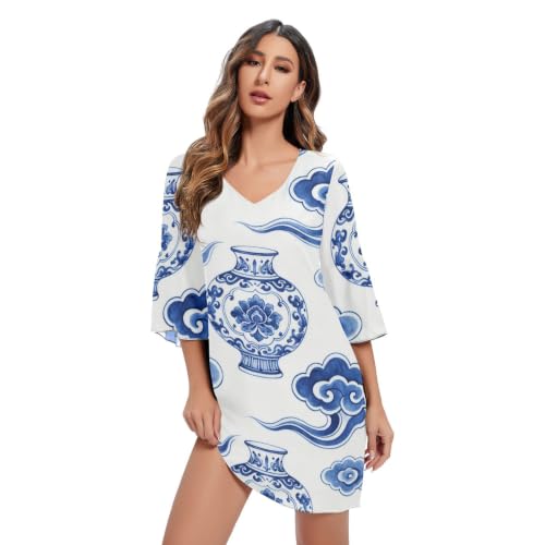 Robe décontractée en mousseline imprimé nuage col V pour femme