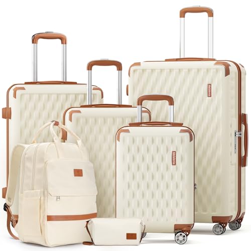 Image of Melalenia Suitcase Sets 6 Piece Hard Shell Carry on Luggage with Spinner Wheels and TSA Lock, Lightweight Travel Backpack for Women, Beige Brown