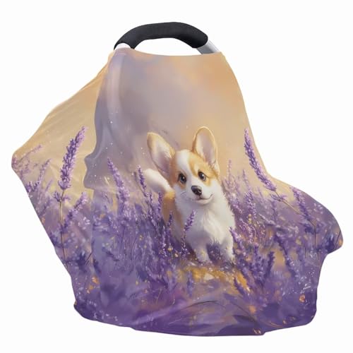Image of Breathable Car Seat Cover for Babies - Multi-Purpose Soft Nursing Cover for Breastfeeding, High Stretchy Stroller Cover, Cute Corgi Tulip