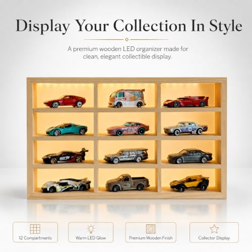 Image of FANCY THINGS Wooden Diecast Car Display Case with LED Lights - 12 Slot 1:64 Scale Model Car Organizer, Mini Vehicle Showcase Shelf for Collectors & Car Lovers, Diecast Cars Included WC