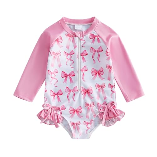 Image of Yccutest Little Toddler Girl Long Sleeve One Piece Swimsuit Pink Bow Print Rash Guard Bathing Suit for Girls Kids Swimwear