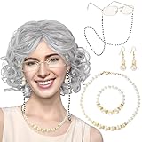 Amlisia Alte Dame Perücke, Oma Perücke Grau Oma Kostüm Damen Großmutter Kostüme mit Kurz Gelockt Omas Brille Kette für Frauen Mädchen für Karneval Fasching Halloween