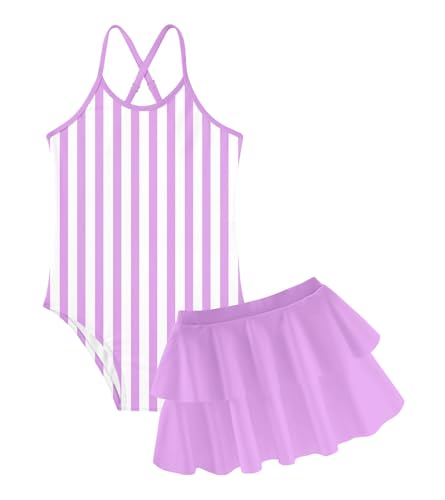 Swimsuits for Girls 4t 5t Purple Stripes Design Swimwear Bathing Suits with Skirt Cute Kids Summer Beachwear Holiday Sunsuit 2 Piece Set