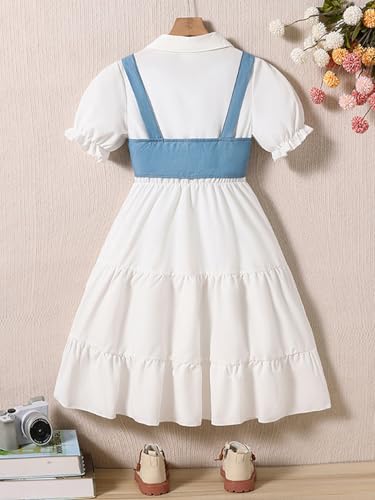 Verdusa Girl's 2 Piece Summer Outfit Button Up Denim Crop Tops with Puff Sleeve Flowy Dress Set2