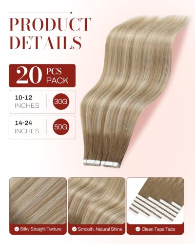 Image of Moresoo Tape Hair Extensions Real Human Hair Ash Brown Blend 24in 20Pcs 50g | Tape in extensions real human hair, extra-long straight strands, beige highlights, flat tabs for braids and photo shoots