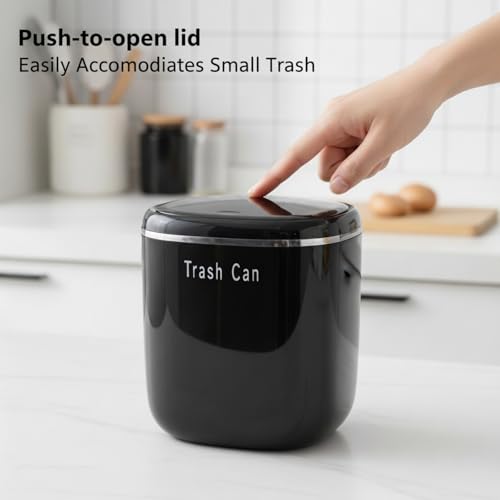 Image of 0.8 Gallon Mini Desktop Trash Can with Push-Open Lid, Small Countertop Waste Basket Includes 50 Bags，Eco-Friendly PP Little Garbage Can, Tiny Trash Bin for Office, Bedroom & Bathroom (Black)