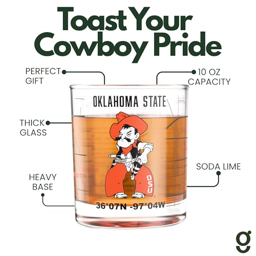 Image of Greenline Goods Oklahoma State University Cowboys Whiskey Glasses Set of 2, 10 oz Rocks Glasses with Full-Color Logo & Campus Map - Officially Licensed Bourbon Glass Gift for Alumni & Fans