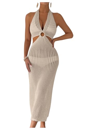 Floerns Women's Crochet Bathing Suit Knitted Hollow Out Tie Back Bikini Swimsuit Beach Cover Up Dress