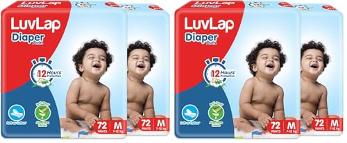 Image of LuvLap Diaper Pants Medium (MD) 7 to 12Kg, Super Jumbo Pack, 144 Count (72X2), Baby Diaper Pants, with Aloe Vera Lotion for rash protection, with upto 12 Hour protection (72 Count, Pack of 4)
