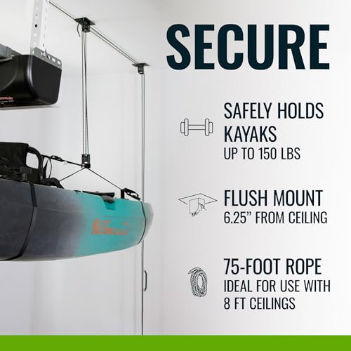 Image of Teal Triangle Elite Pulley Hoist for Kayaks, Canoes, and Paddleboards - Heavy Duty Garage Storage Lift for Kayaks - Premium Canoe Hanger Holds 150 lbs and Fits 12 ft Garage Ceilings