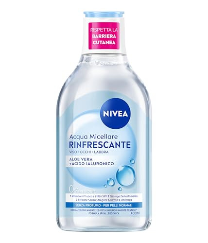 NIVEA Acqua Micellare Rinfrescante 400 ml, Struccante viso e occhi e labbra per make-up e SPF, Detergente viso con Aloe Vera e Acido Ialuronico, Senza profumo, Ipoallergenica, Pelle normale