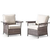 Artfurniz Wicker Outdoor Chairs Set of 2 - Hollow Widen Armrests Patio Furniture Set with Comfortable Thickened Cushion, High Back Outdoor Rattan Chairs for Balcony Porch Deck and Yard - Brown/Beige
