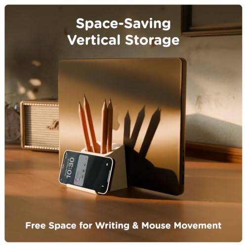Image of eo 3-in-1 Pen Stand for Table, Phone & Vertical Laptop Holder EZ Desk Beige | Retractable laptop dock, phone stand and deep stationery storage in one compact, stable desk organiser for office or study