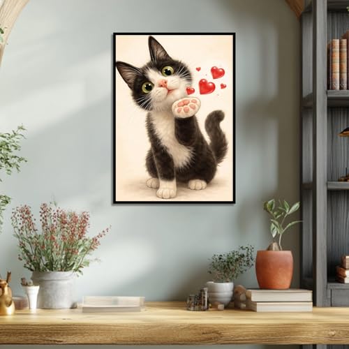 Image of Romantic Diamond Paintings Kits for Beginners, Full Round Drill Diamond Arts Kits for Adults, Cat Greeting Paint by Diamond, 5D DIY Diamond Painting Dot Gem Art, for Home Wall Decor 12x16 Inch