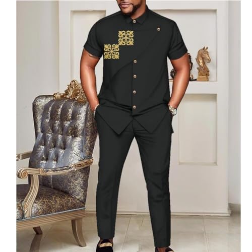 African Shirts and Pants for Men Short Sleeve Applique Casual African Mens Clothing Sets Dashiki Outfits Big and Tall3