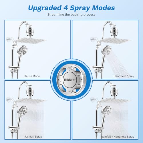 Image of Hibbent 12 inch Dual Filtered 10 inch Rainfall Shower Head with Handheld 10-Spray | High Pressure Metal Chrome Showerhead Combo with Filter, 4-way Diverter with Pause Mode, Extension Arm, 71'' Hose & Holder