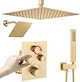 NPYSVSSS Dual Shower Heads Shower System with 16" Ceiling Mounted Rain Shower Head & 6" Wall Mounted Head Full Body Shower System 3 Way Thermostatic Shower Valve Can All Run Together, Brushed Gold