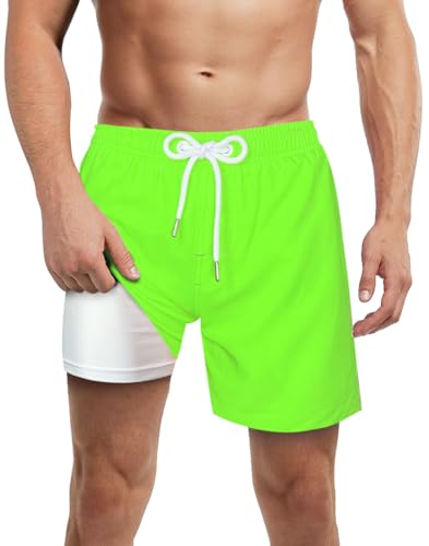 LUCOWEE Mens Swimming Trunks with Compression Liner no Chafe Soft Lined Swim Trunks Quick Dry UPF 50+ Stretchy 7 inch Inseam Bathing Suit Shorts Neon Green Small
