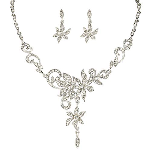 EVER FAITH Women's Austrian Crystal Bridal Floral Vine Leaf Necklace Earrings Set Clear Silver-Tone