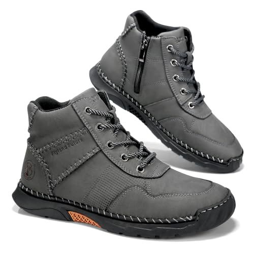 Image of FLYLAND Men's Leather Mid Top Ankle Boots Side Zipper Casual Work Shoes