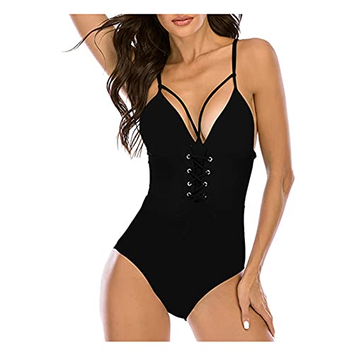 QINSHAN Tummy Control Swimwear Bandage Print One Piece Swimsuit Bathing Suits for Women Slimming V Neck Bikini H Black
