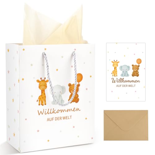 FIDWALL Sac Cadeau Naissance Garçon Fille avec Poignée « Bienvenue dans le monde » pour Fête de Naissance, Baby Shower – Sac Cadeau Naissance en Papier avec Anses et Papier de Soie