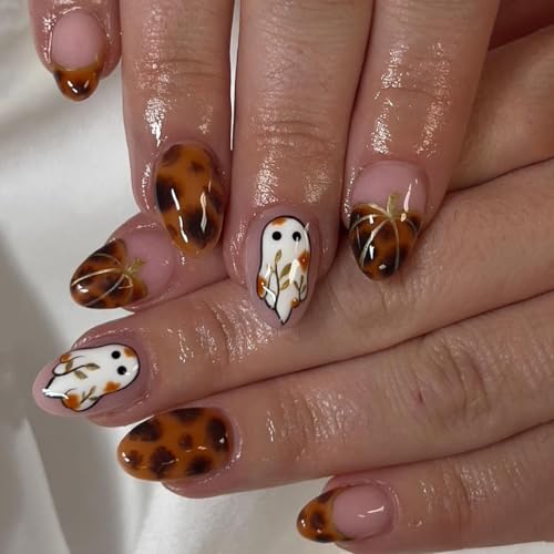 Leopard Print French Press on Nails Almond Fake Nails Short with ...