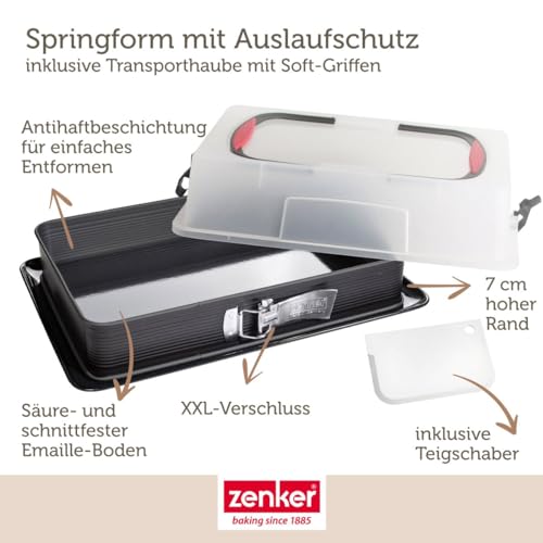 Zenker Rechteck-Springform mit Haube DELUXE, Kuchentransportbox mit Emaille-Boden, Backblech mit Deckel (Farbe: Schwarz/Transparent/Rot), Menge: 1 Stück