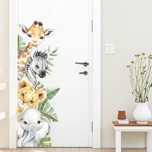Jungle Animal Wall Stickers Wall Decals Cartoon Animal Giraffe Elephant Zebra Lion Safari Green Leaves Wall Decals for Kids Baby Nursery Bedroom Kindergarten Playroom