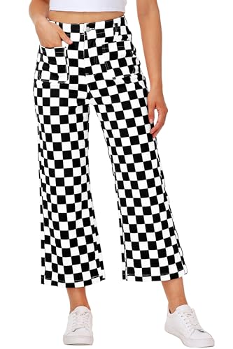 Magrank Women Checkered Jeans High Waisted Denim Capri Pants Race Day Black White Gingham Stretchy Baggy Jean S