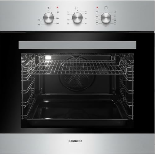 Baumatic 60cm electric oven, A class energy rating, 8 functions, 65 litre total capacity, triple glazed door, mark free stainless steel and black glass finish, 2 Years Warranty - BMEO6E8MM