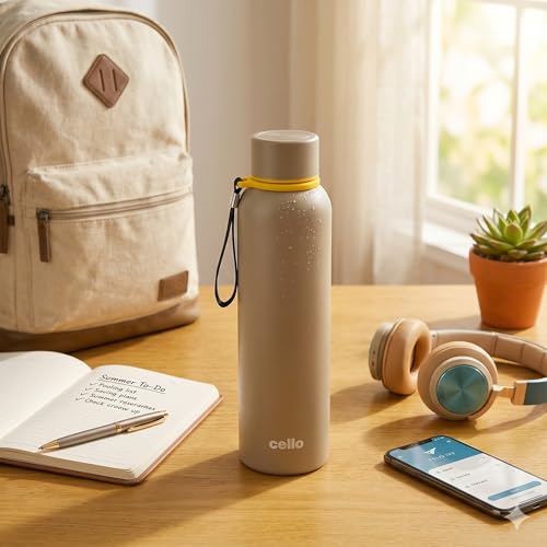Image of CELLO Duro Kent Gen-X Stainless Steel Flask 520ml Beige | Wide Mouth with Carrying Loop, Leak Proof Double Wall Vacuum Insulated Hot and Cold Flask Water Bottle For Office Gym Biking Outdoor Hydration