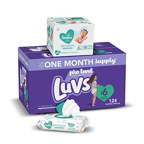 Diapers Size 6, 124 Count and Baby Wipes - Luvs Ultra Leakguards Disposable Baby Diapers, ONE Month Supply with Pampers Sensitive Water Based Baby Diaper Wipes, 6X Pop-Top Pack, 336 Total Wipes