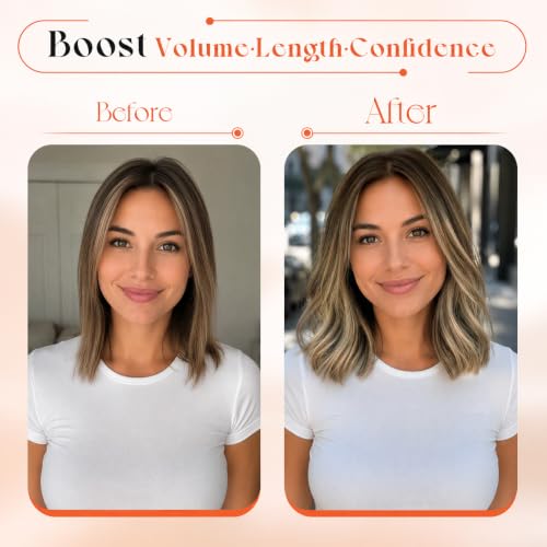 Image of Sunny Hair Clip in Hair Extensions Real Human Hair Brown Balayage 12 Inch | Short Hair Clip in Extensions, Balayage Olive Brown Roots to Blonde Highlights, Easy to Wear, Quick Daily Styling 85g
