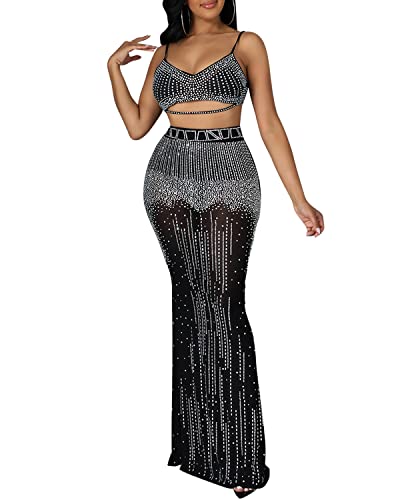 Image of PORRCEY Women's Sexy Rhinestone Spaghetti Strap Dress (5370,Black,3XL)