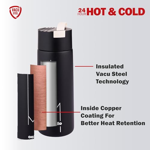 Image of Cello Duke Insulated Stainless Steel Flask 365ml, Black | Double Wall Insulated 24 Hours Hot or Cold Thermos Thermosteel Flask Water Bottle for Office School Gym Hiking Trekking & Travel
