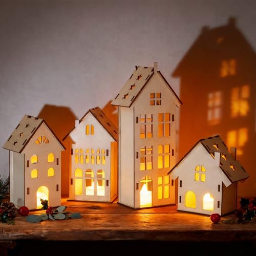 Encham Beleuchtung Deko Häuser aus Holz 4X Batteriebetriebene Lichthäuser Set Weihnachtsdorf mit Batteriebetriebene Lichthäuser Set für Weihnachtsdekoration