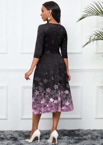 Image of CLOCOR Midi Dresses for Women Casual A-Line Fit and Flare Dress Crewneck 3 /4 Sleeve Keyhole Cocktail Party Church Dress