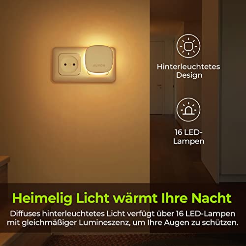 AUVON Nachtlicht Steckdose mit Bewegungssensor und Dämmerungssensor, 2 Stück Warmweißes LED hinterleuchtete Nachtlicht mit 1-50 lm, Helligkeit Einstellbar für Flur, Treppe, Schlafzimmer 2