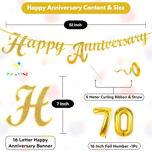 Image of Flyloons 70th Happy Anniversary Banner Gold Decorations Kit for Men Women Wedding Anniversary Banner Items without Balloons